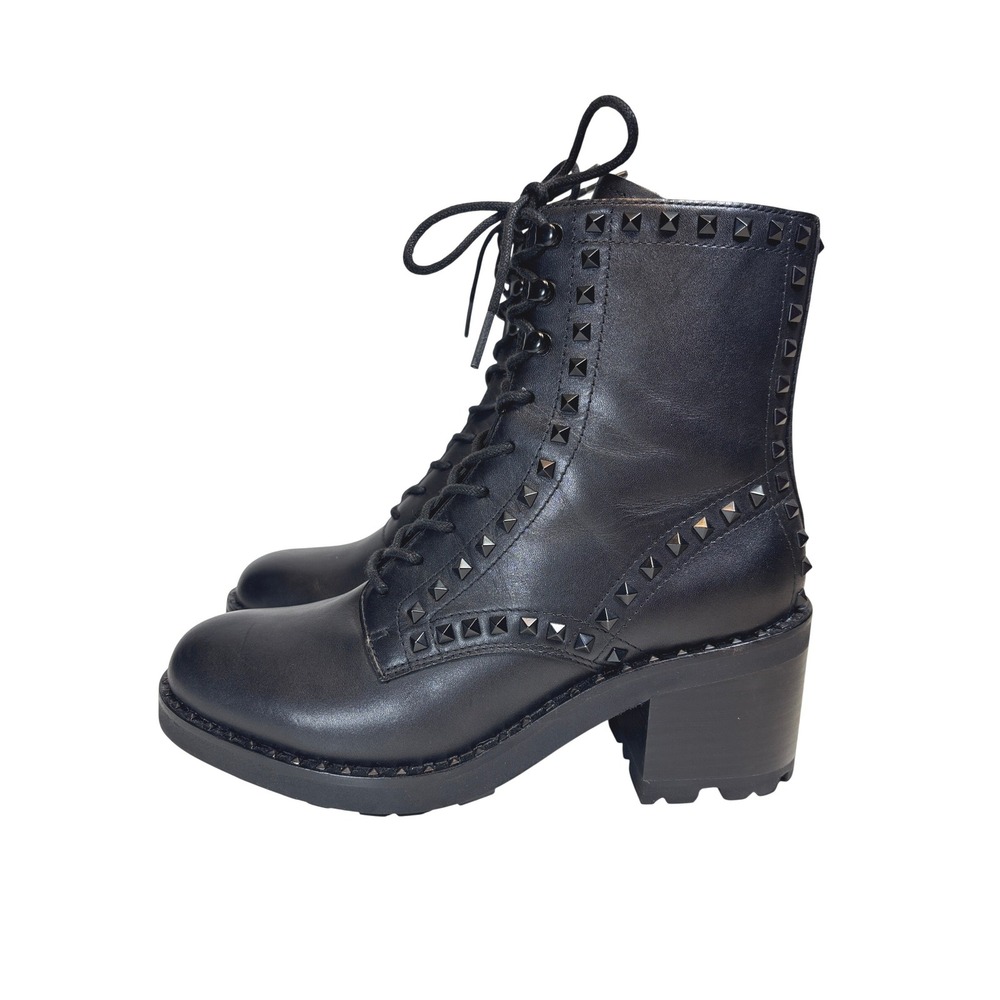 Ash Xin S Black Leather Studded Combat Boots Block Heel Lace Up Lug Sole Size 38